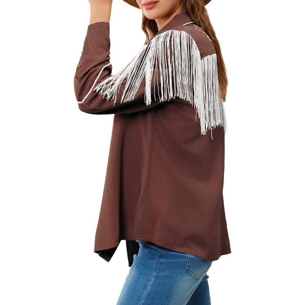 Women's Brown Floral Embroidered Fringe Western Rodeo Button Down Blouse Tops - Picture 2 of 5